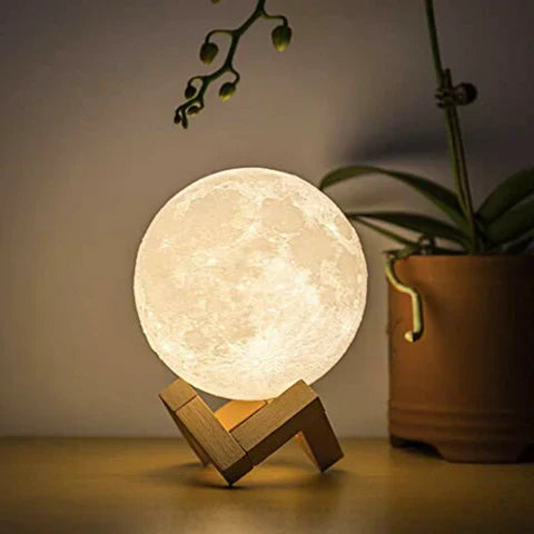 magische maanlamp met draadloze touchbediening en houten standaard