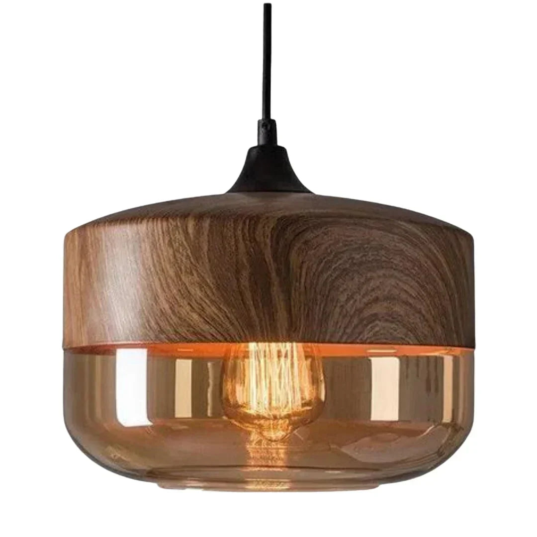hanglamp van getint glas en metaal met houtlook