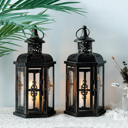Kandelaar Lantaarn Zwart Metaal en Glas Decoratieve Houder 25 cm