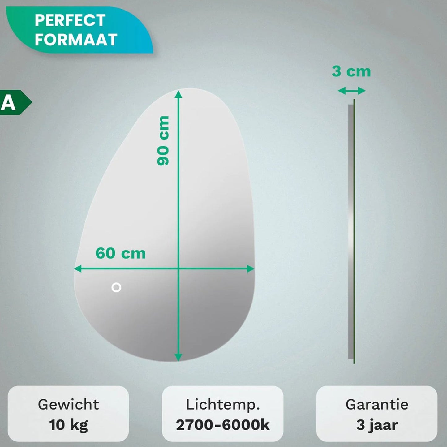 badkamerspiegel asymmetrisch frameloos 90 x 60 cm - anti-condens & dimbaar led