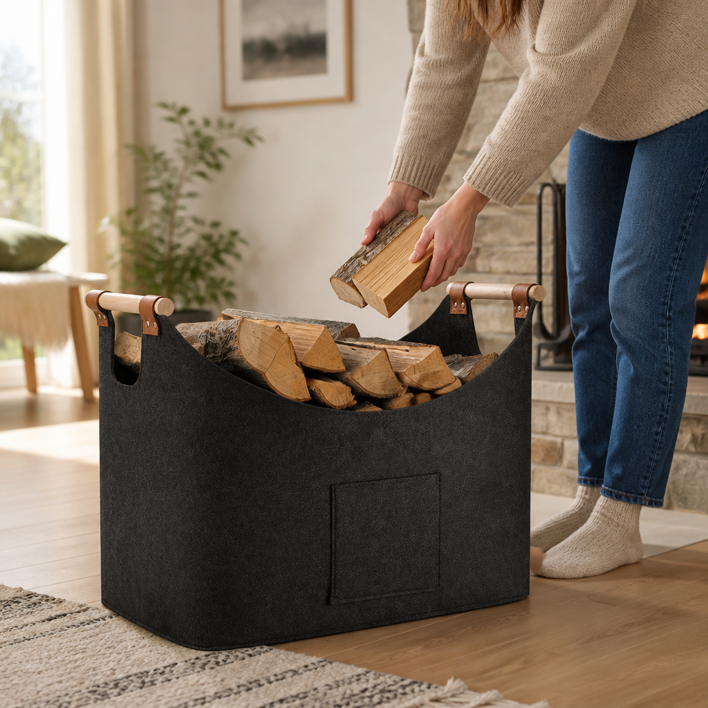 houtmand van vilt met ruimte voor maximaal 55 liter haardhout