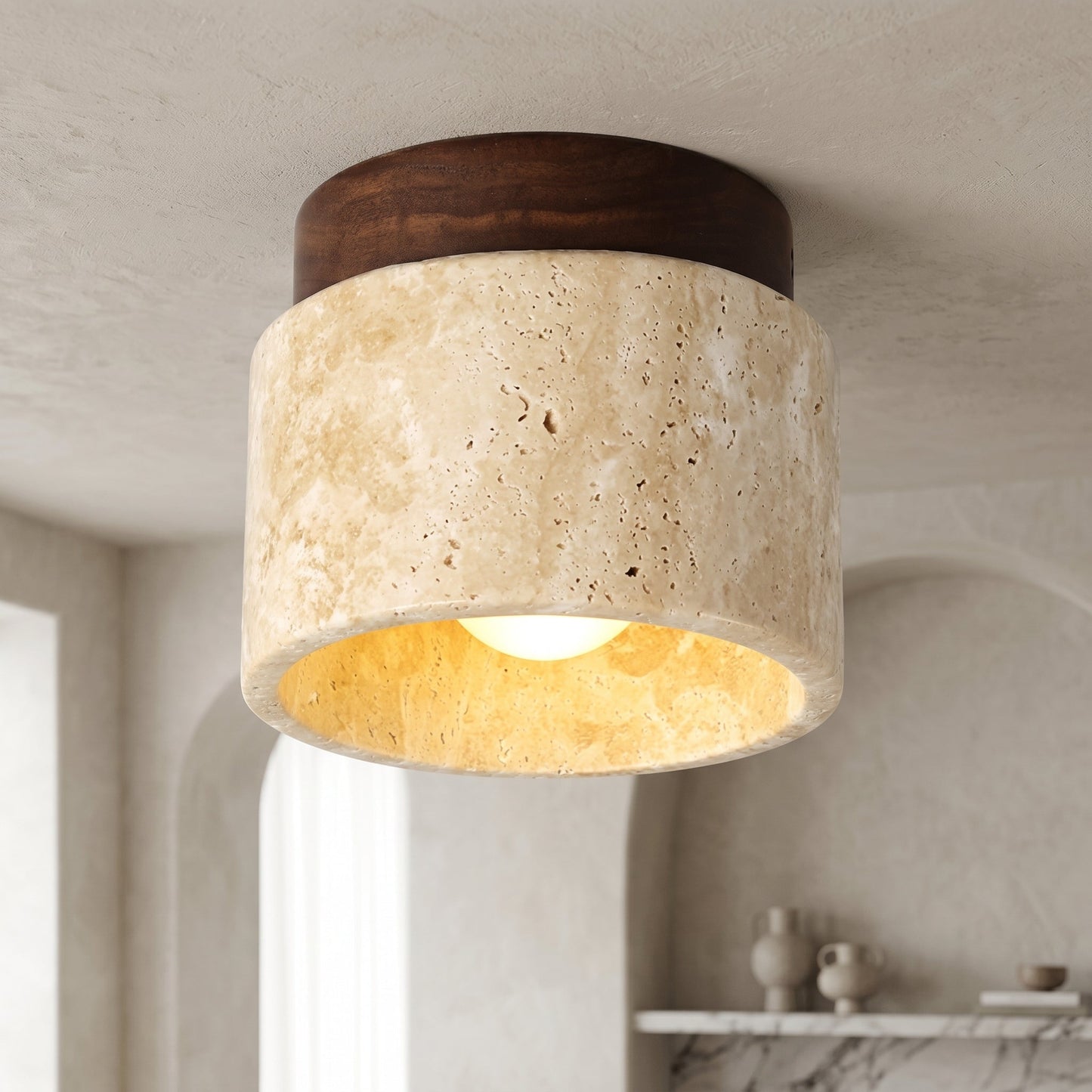 plafondlamp van gips en hout opbouw