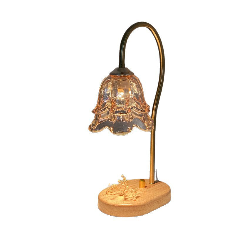 glazen en houten kaarsenwarmer tafellamp met warme gloed
