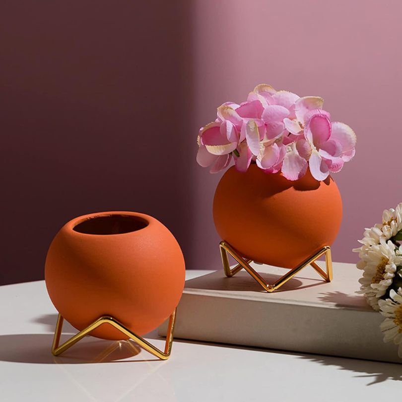 keramische plantenpot met metalen standaard nordic stijl 10,5 cm