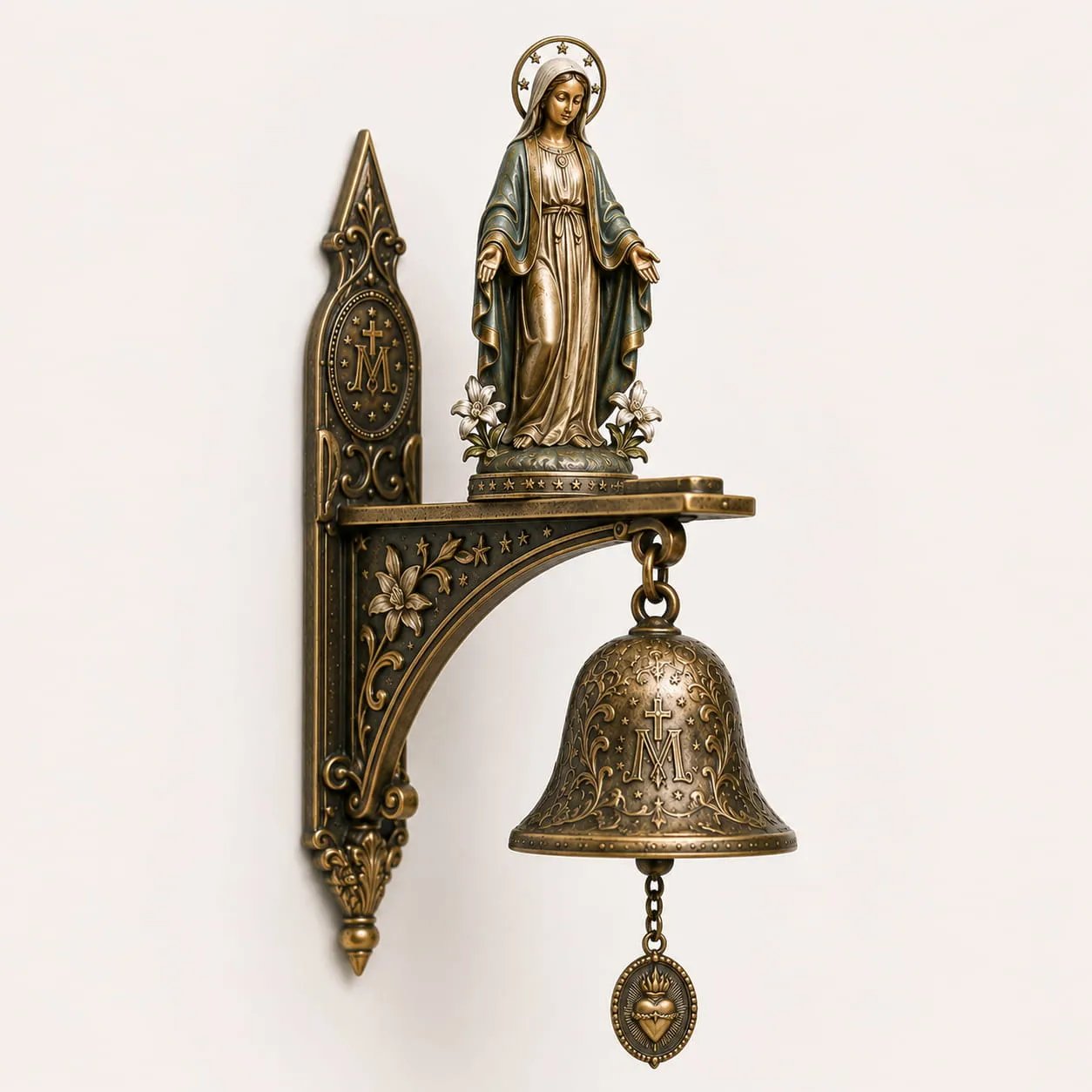 bronzen gebedsbel voor wandmontage met elegante klassieke vorm