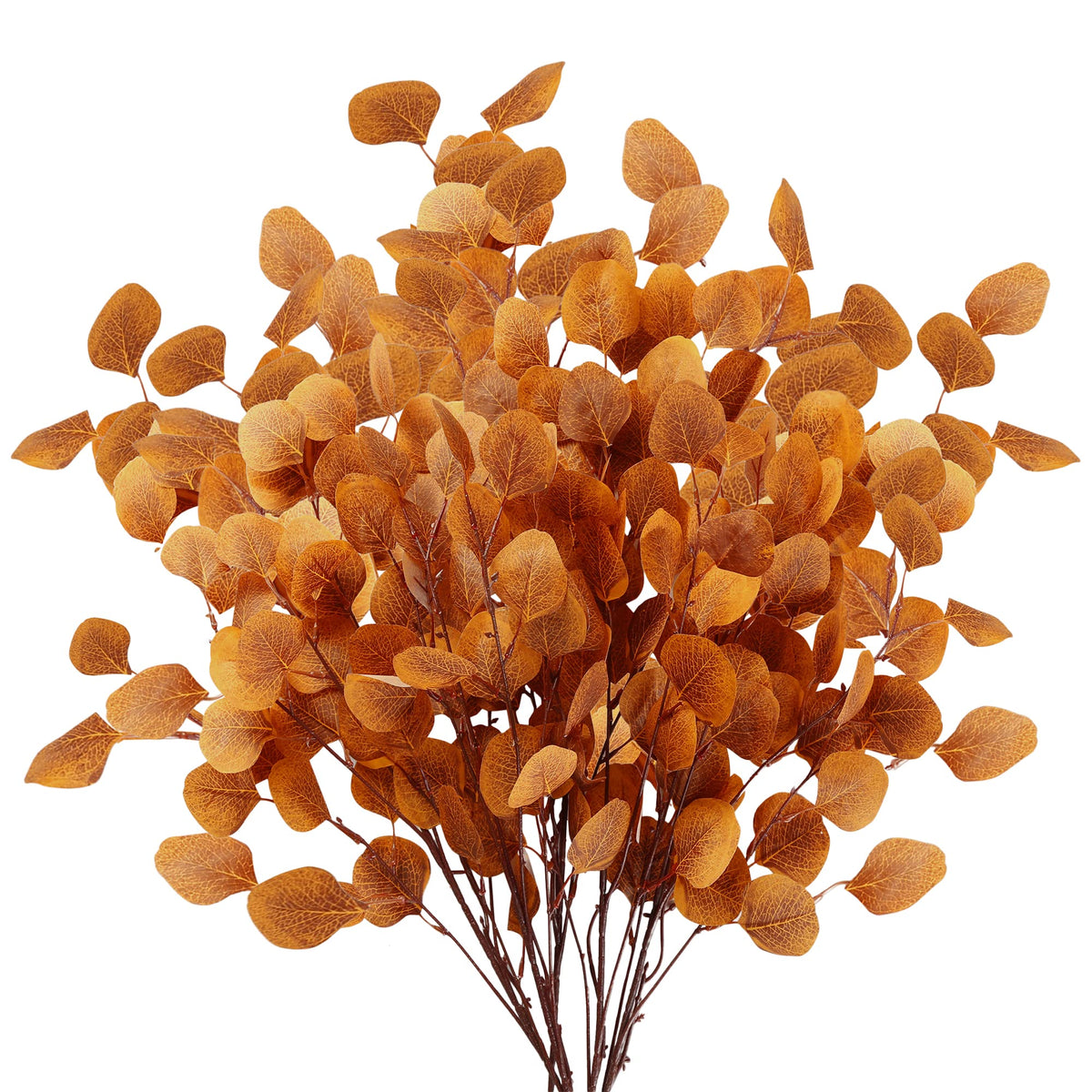 Zes kunstmatige eucalyptusbladeren in oranje voor herfstdecoratie