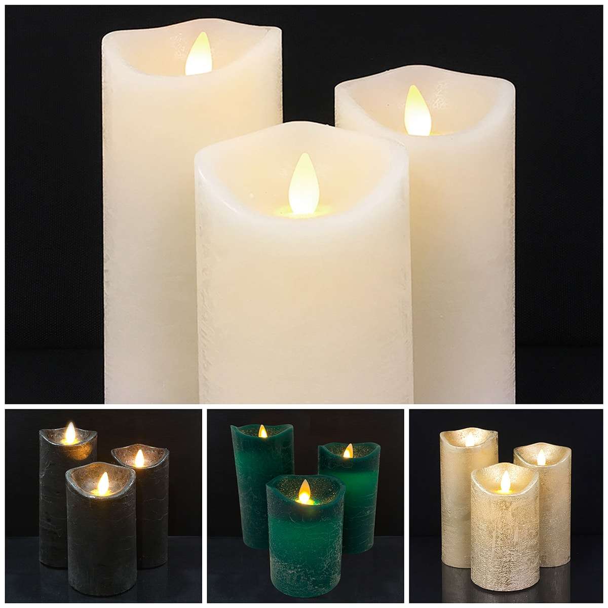 led zuilkaarsen rustiek 3-pack met 3d-vlam