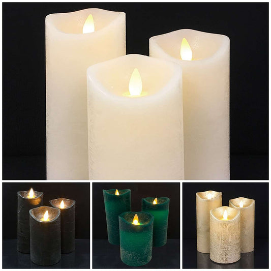 LED zuilkaarsen rustiek 3-pack met 3D-vlam