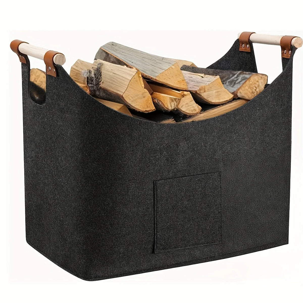 vilten opbergmand voor haardhout met twee houten handgrepen