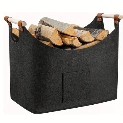 Vilten opbergmand voor haardhout met twee houten handgrepen