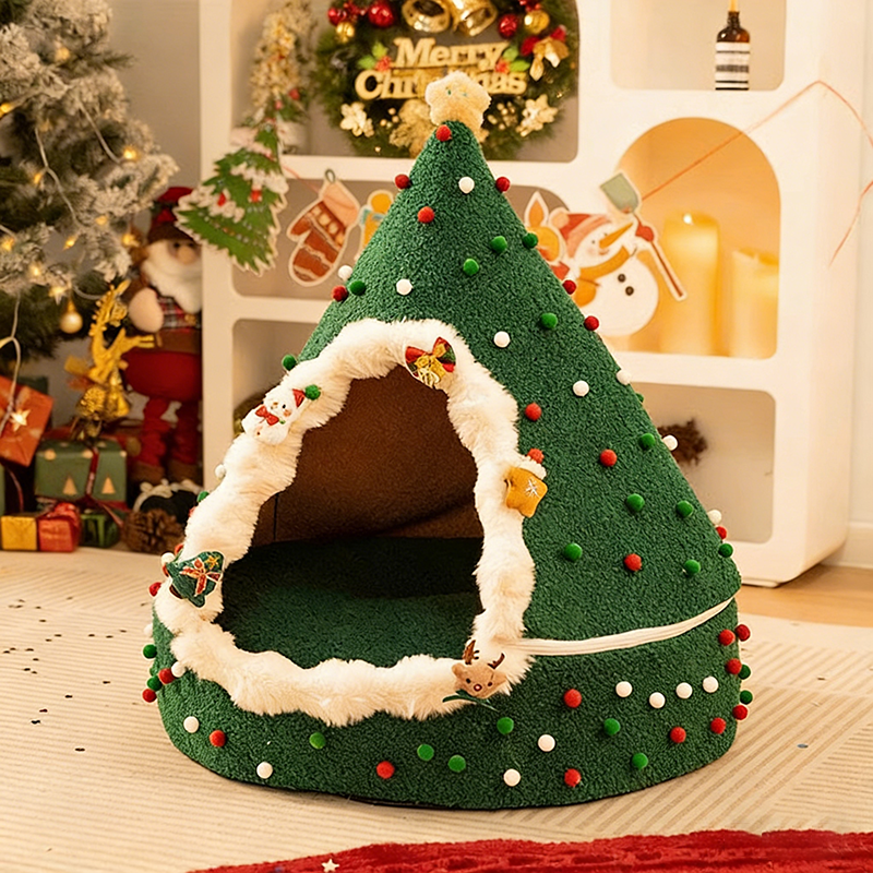kattenbed van zacht fluweel in kegelvorm met kerstdesign