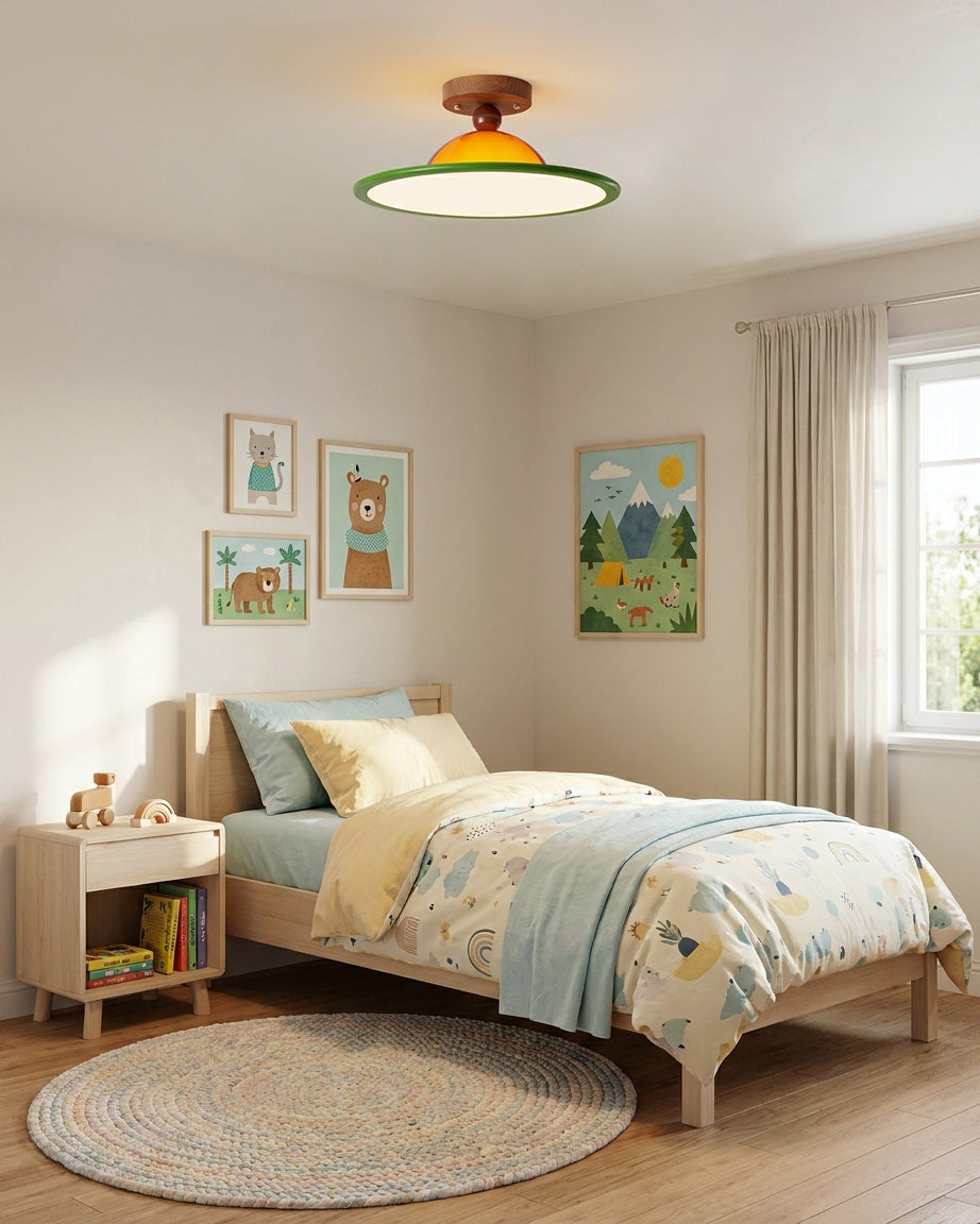 Moderne plafondlamp van dichtbij met ledverlichting en houten detail