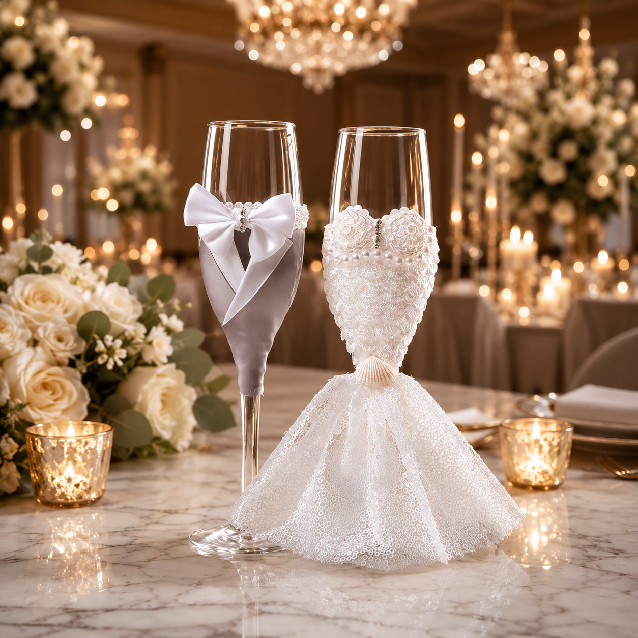 Set champagneglazen van glas voor bruid en bruidegom op witte achtergrond
