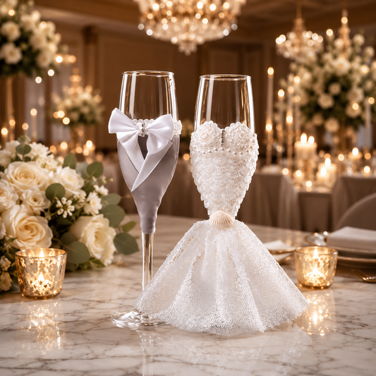 Set champagneglazen van glas voor bruid en bruidegom op witte achtergrond