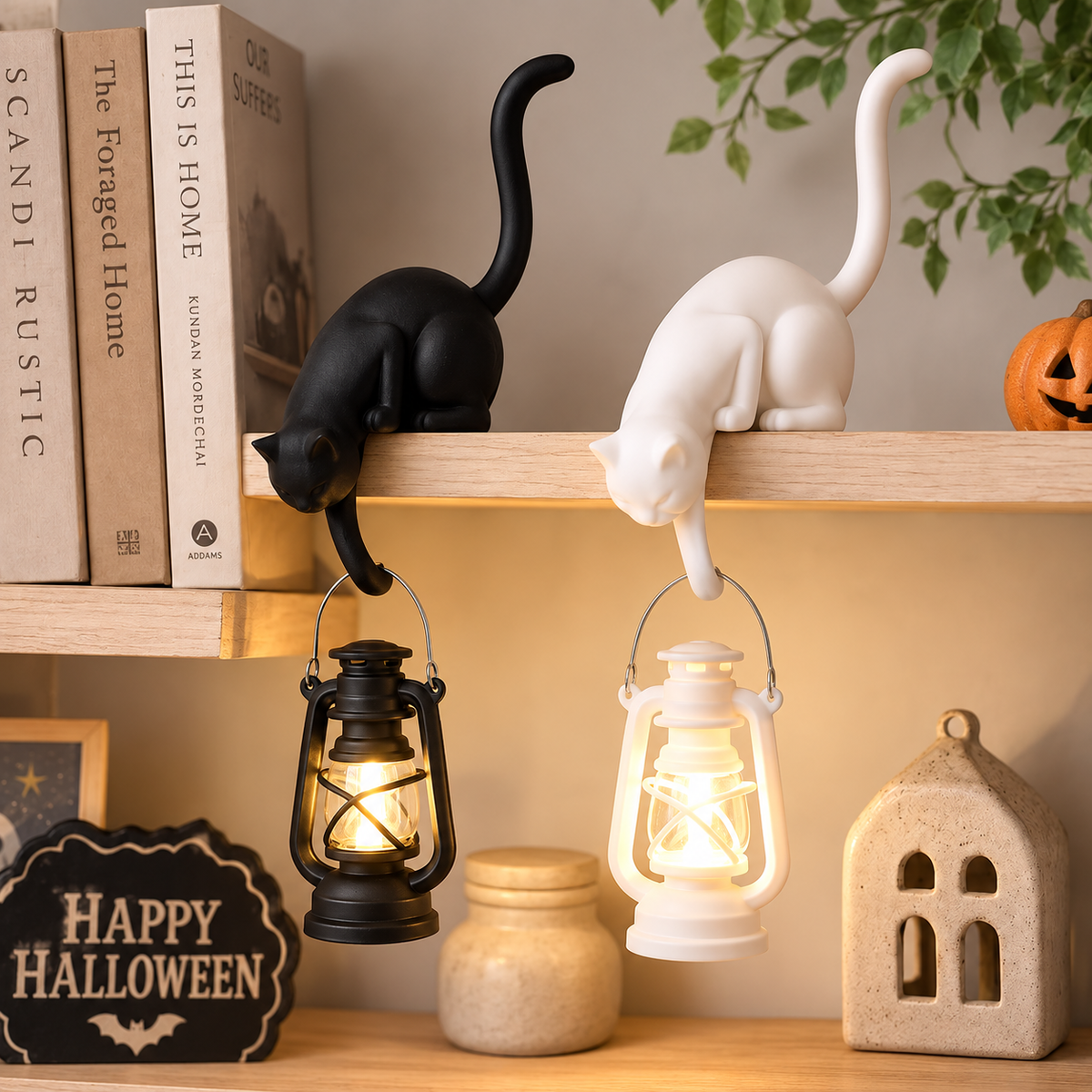 Kattenlamp met hangende lantaarn op een plank