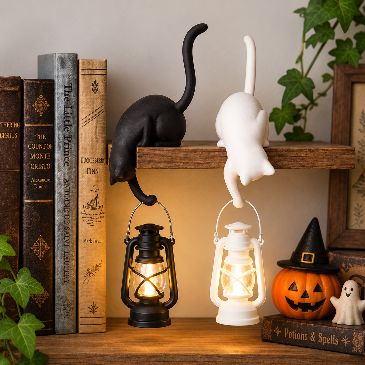 kattenlamp naast woonaccessoires op een plank