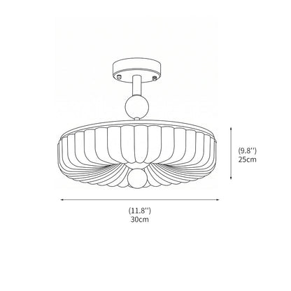 Bovenaanzicht van de plafondlamp met ronde vorm, geribbeld glas en houtlook rand