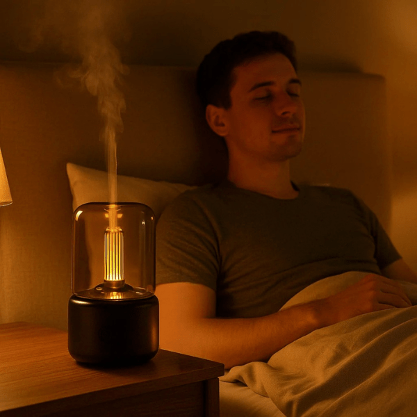 aroma diffuser met realistisch vlamlichteffect op een tafel