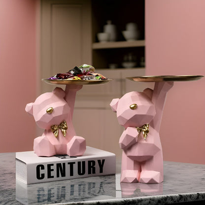 Geometrische opbergfiguur van kunsthars met dienblad op tafel