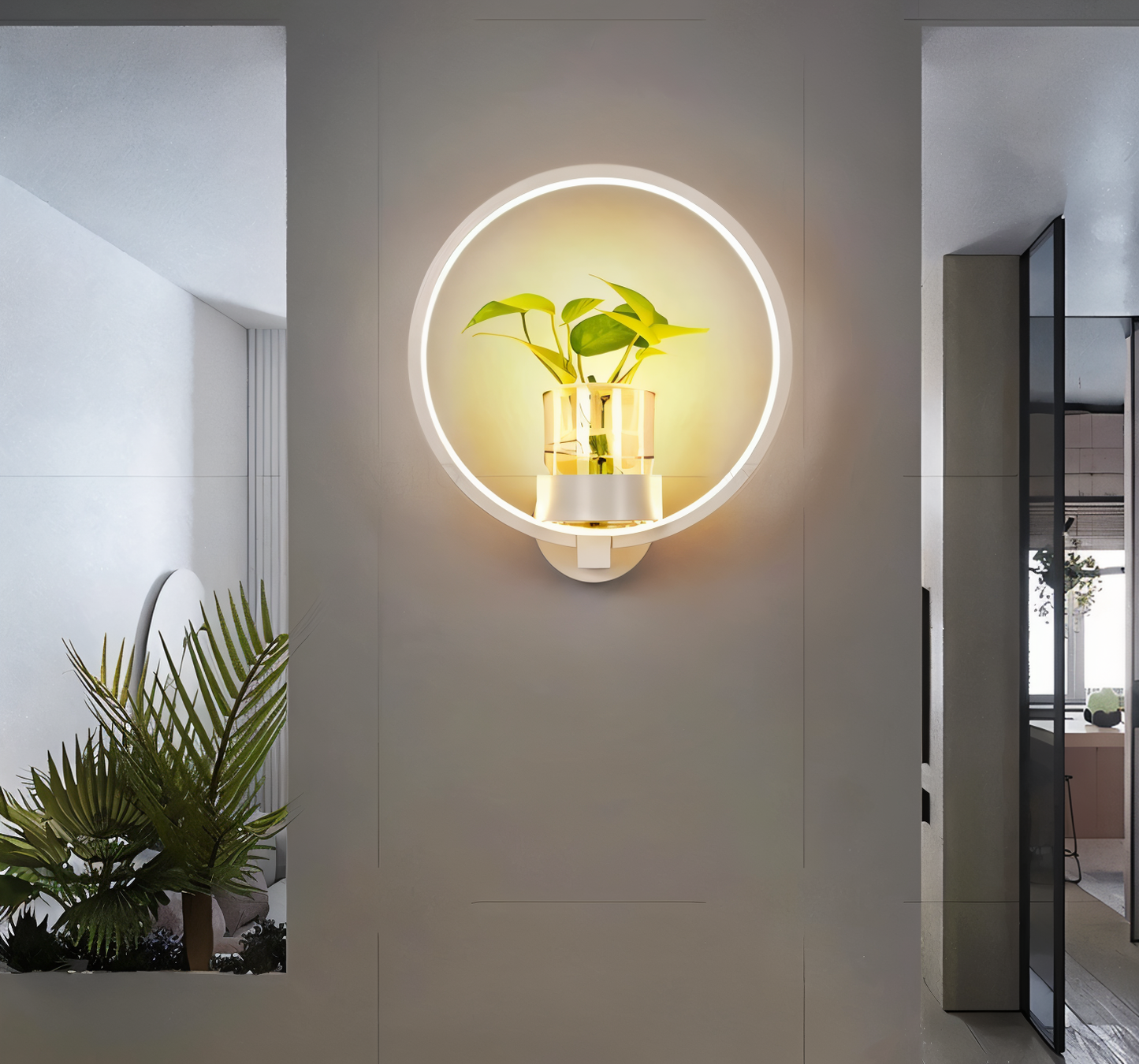 minimalistische led wandlamp met metalen plantenrek in interieur