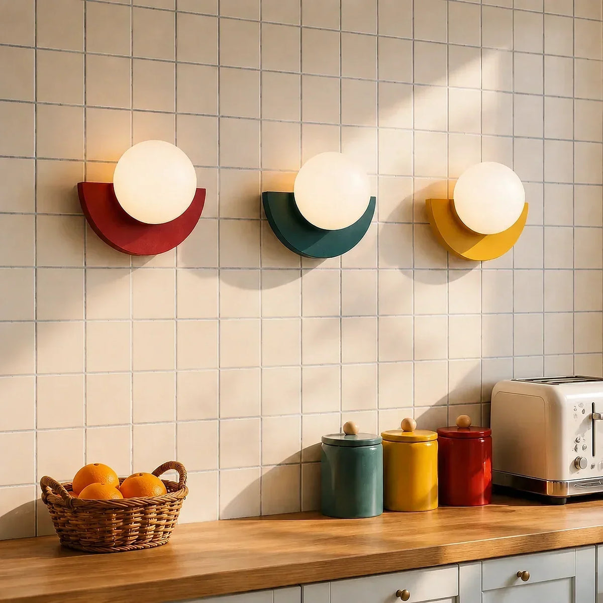 Minimalistische kleurrijke wandlamp aan een lichte muur