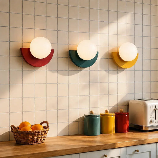 Minimalistische kleurrijke wandlamp aan een lichte muur