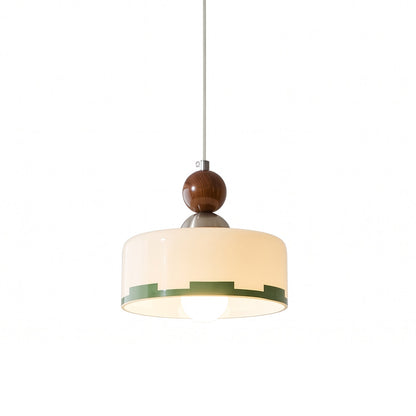 Hanglamp van glas met houten detail in volledig aanzicht