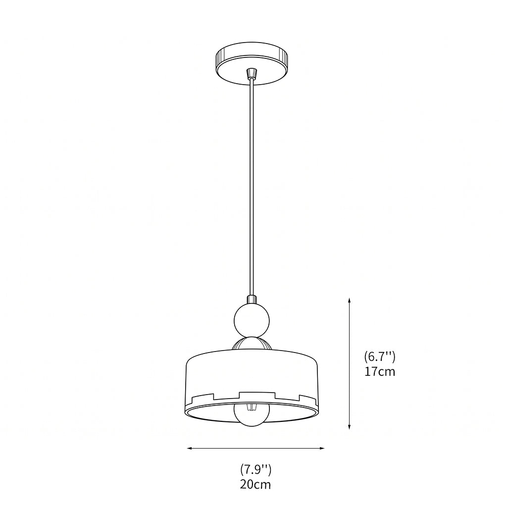hanglamp van glas met houten detail boven een eettafel