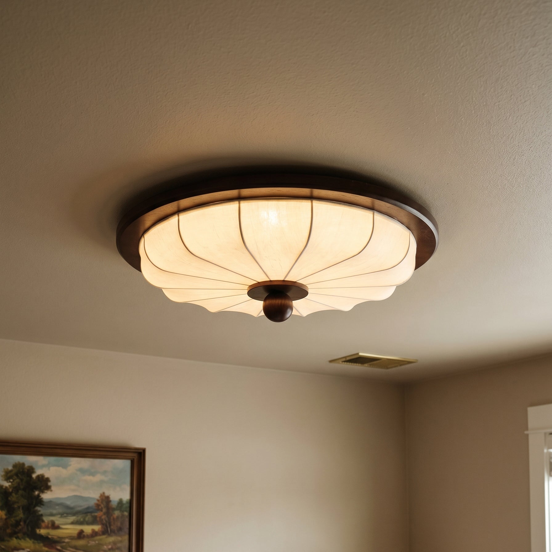 Detailfoto van de plafondmontage van de stoffen plafondlamp