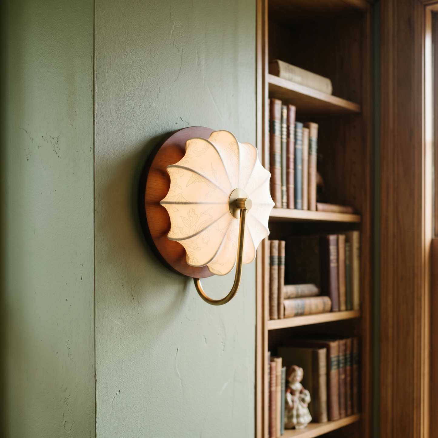 zijaanzicht van wandlamp met ronde stoffen kap en walnoothouten wandplaat