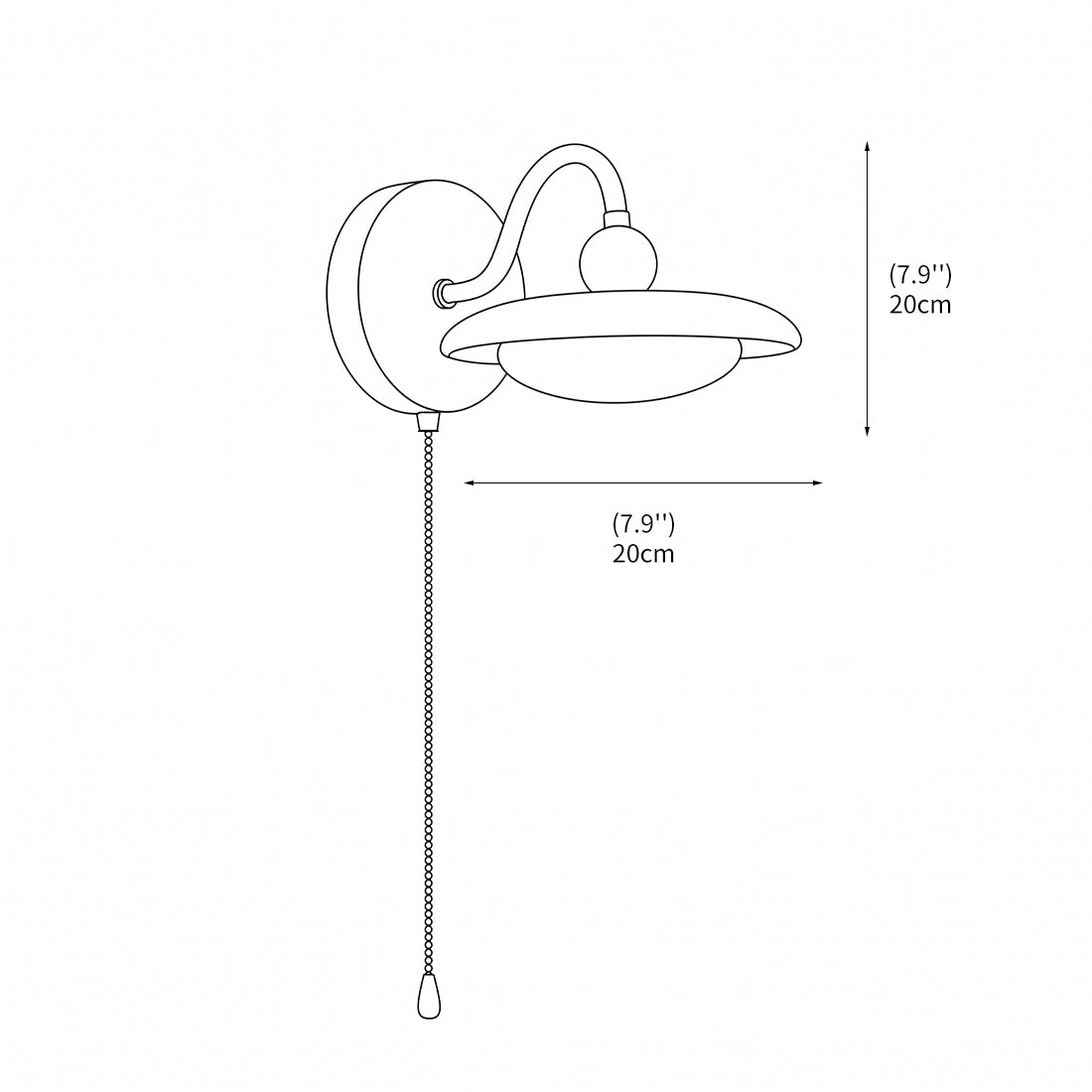 zijaanzicht van wandlamp met houten frame en metalen arm