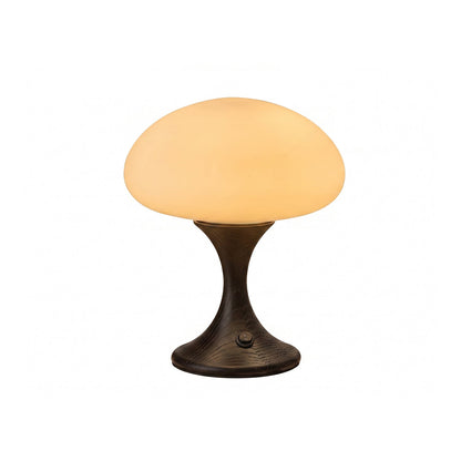 Tafellamp van hout en glas met paddenstoel design op witte achtergrond