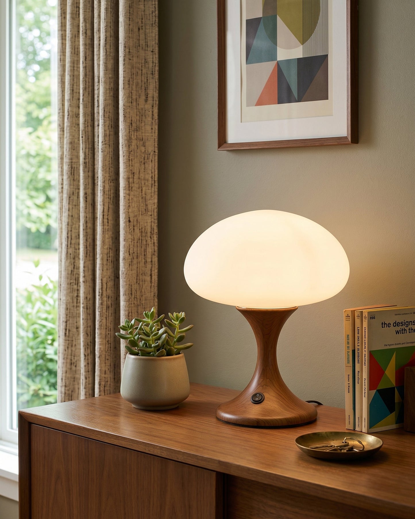 stijlvolle tafellamp hout en glas met decoratief paddenstoel ontwerp