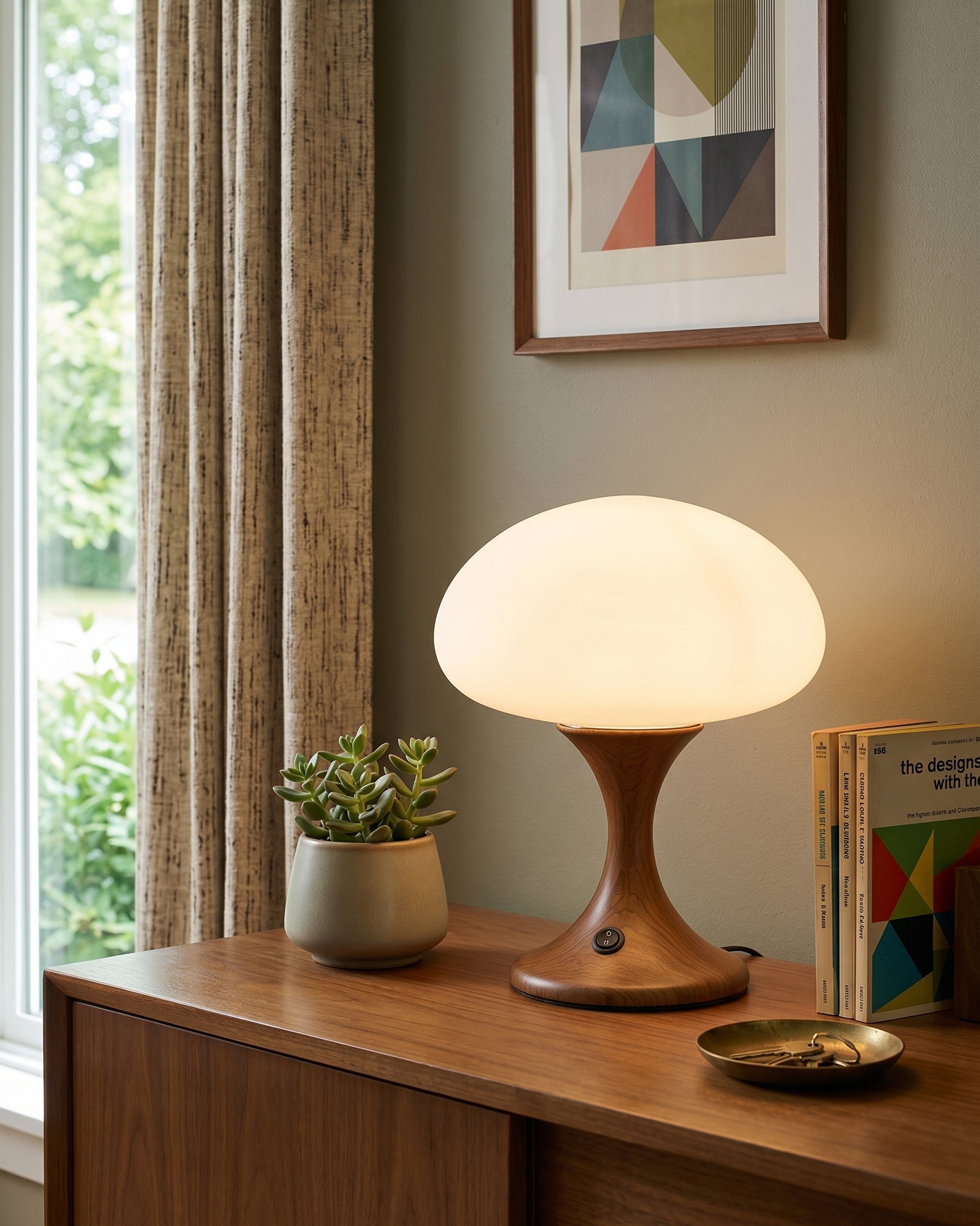 Stijlvolle tafellamp hout en glas met decoratief paddenstoel ontwerp