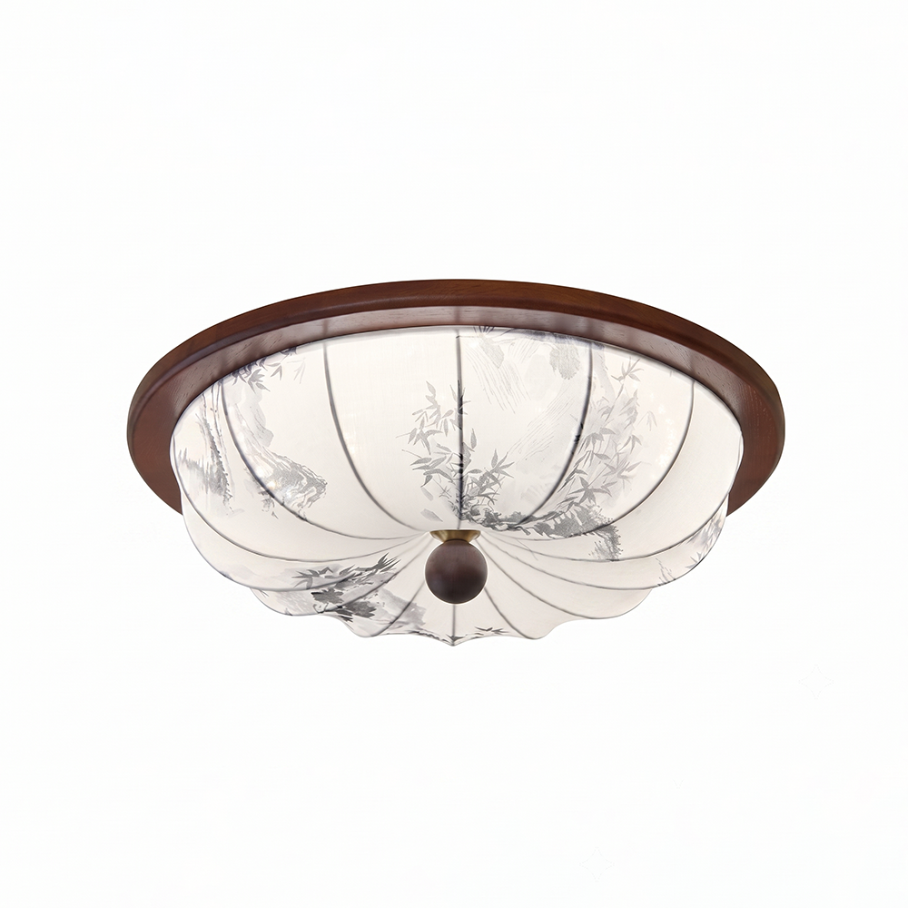 plafondlamp met houtlook rand en ronde stoffen kap aan het plafond