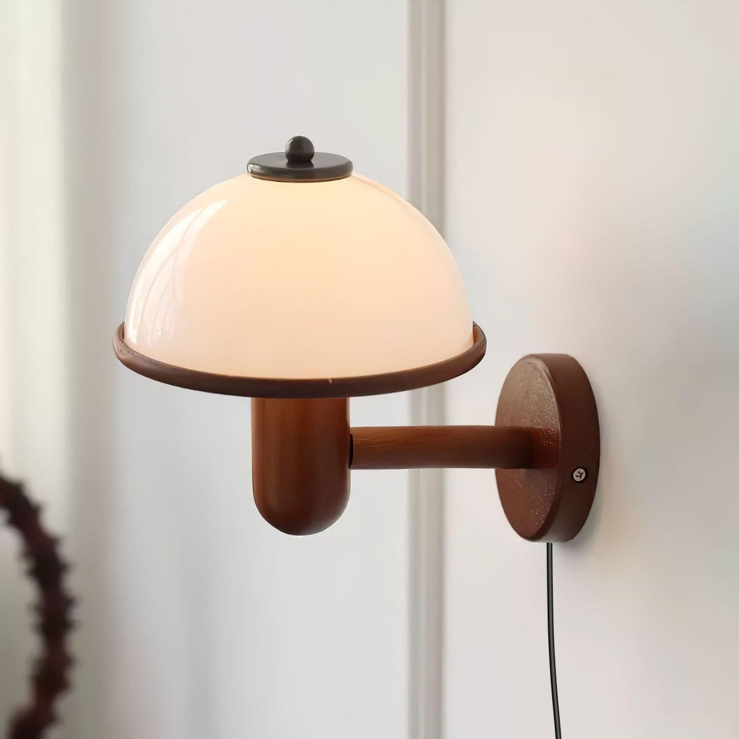 schitterende houten wandlamp in paddestoelvorm