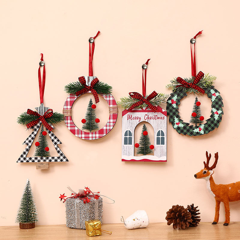 geruite kerstkrans met decoratieve strik voor de deur