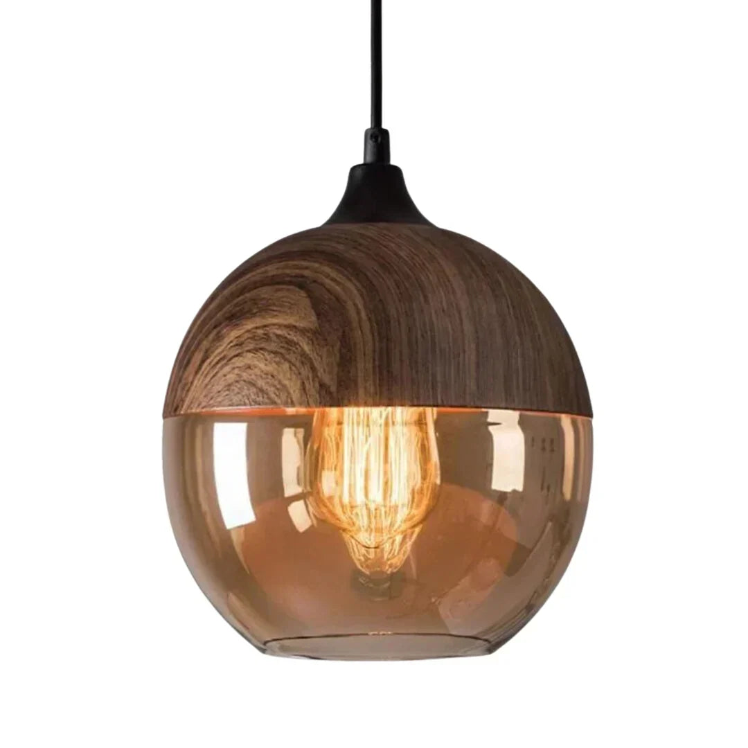 Hanglamp van getint glas en metaal met houtlook