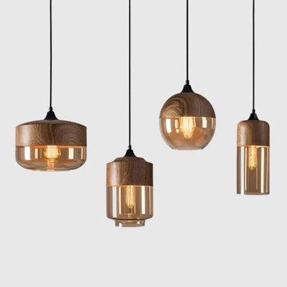 Metalen hanglamp met elegante houtlookafwerking
