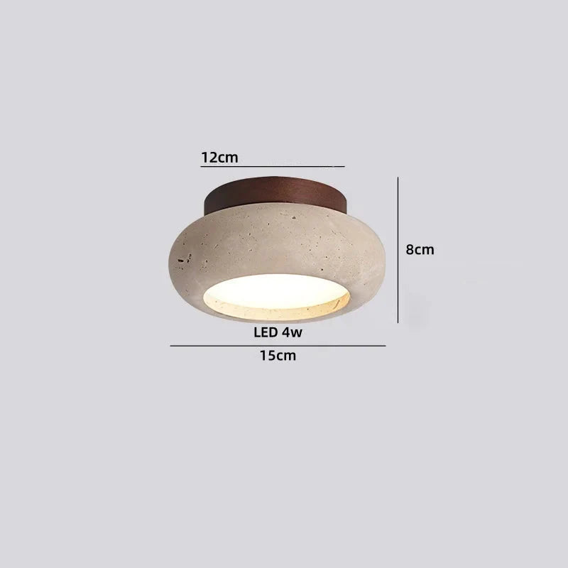 moderne plafondlamp met geel travertin, hout en ledverlichting