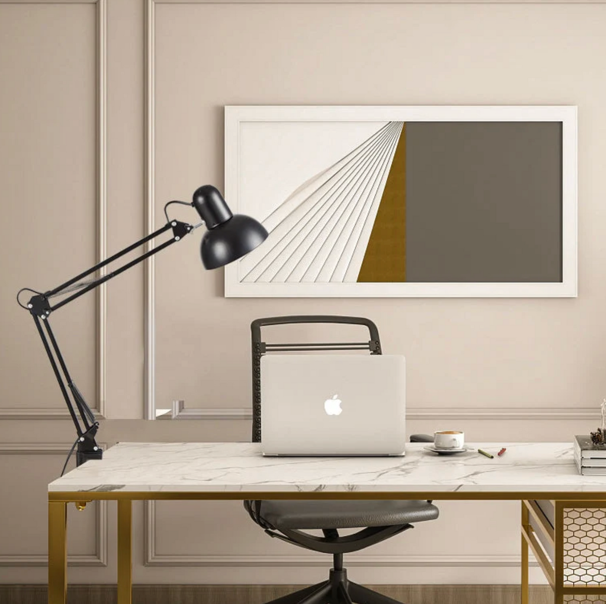 Bureaulamp met verstelbare arm in een slaapkamer