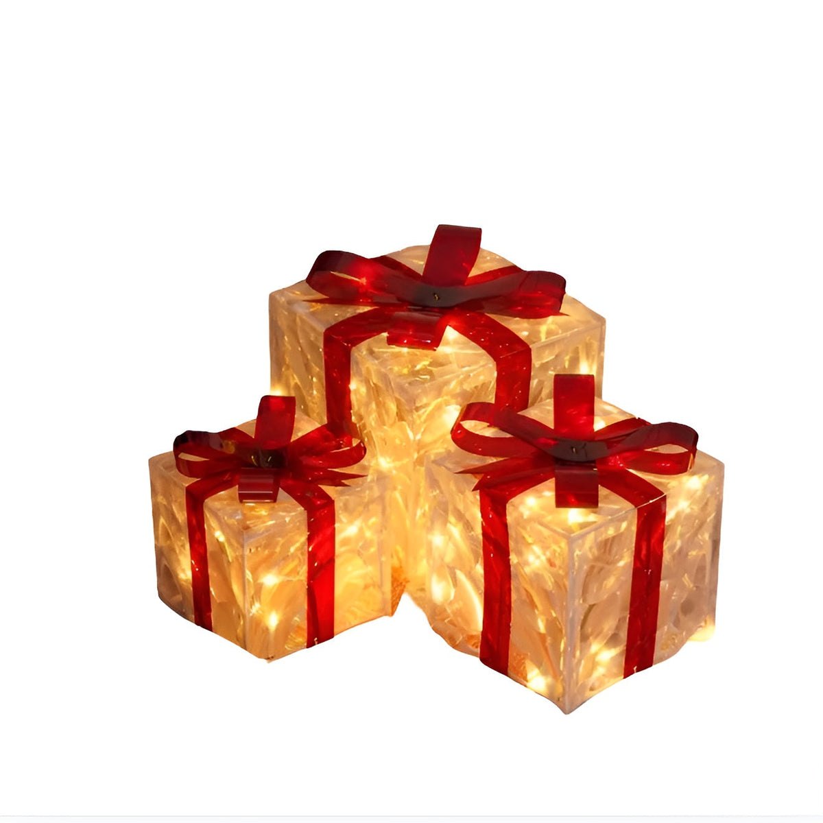 set van 3 transparante decoratieve cadeaudozen met rode linten