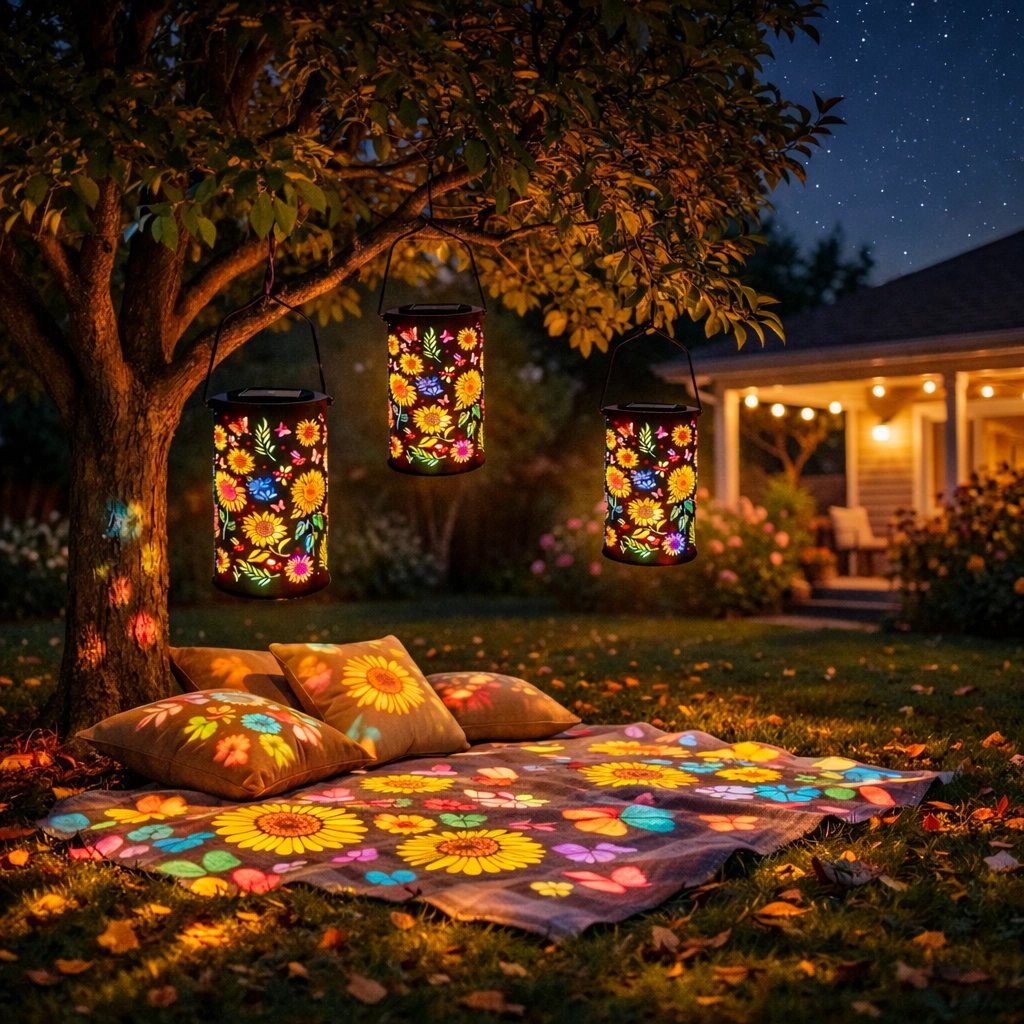 solar tuinlamp met decoratief bloemenpatroon en warm lichteffect