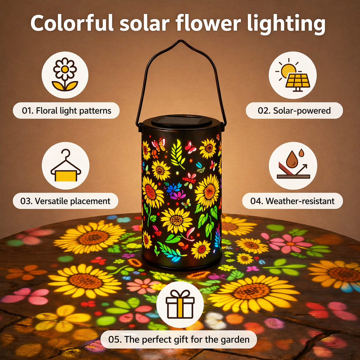 Detail van metalen solar lantaarn met bloemenpatroon en lichtprojectie