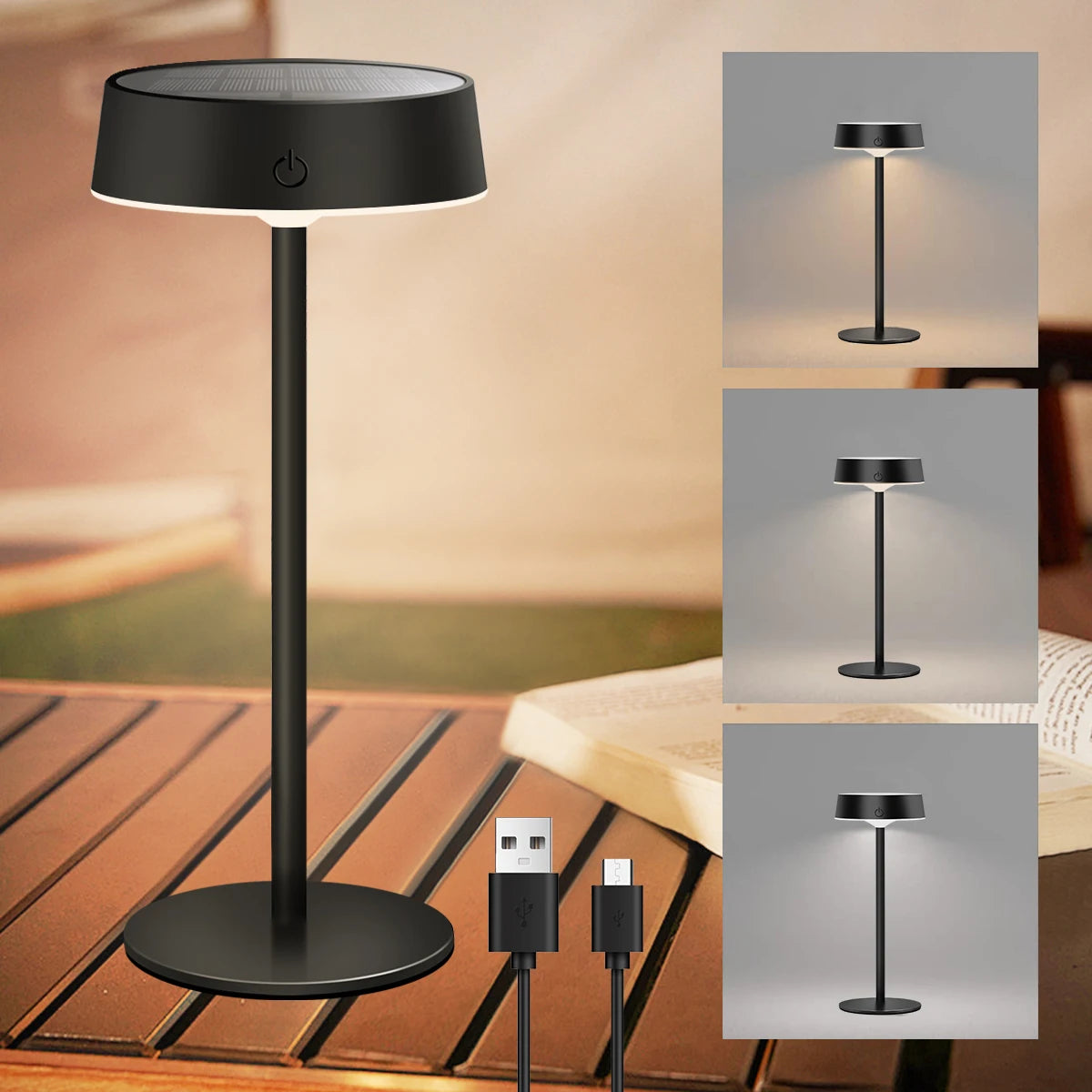 draadloze solarlamp voor buiten op tafel met warm licht