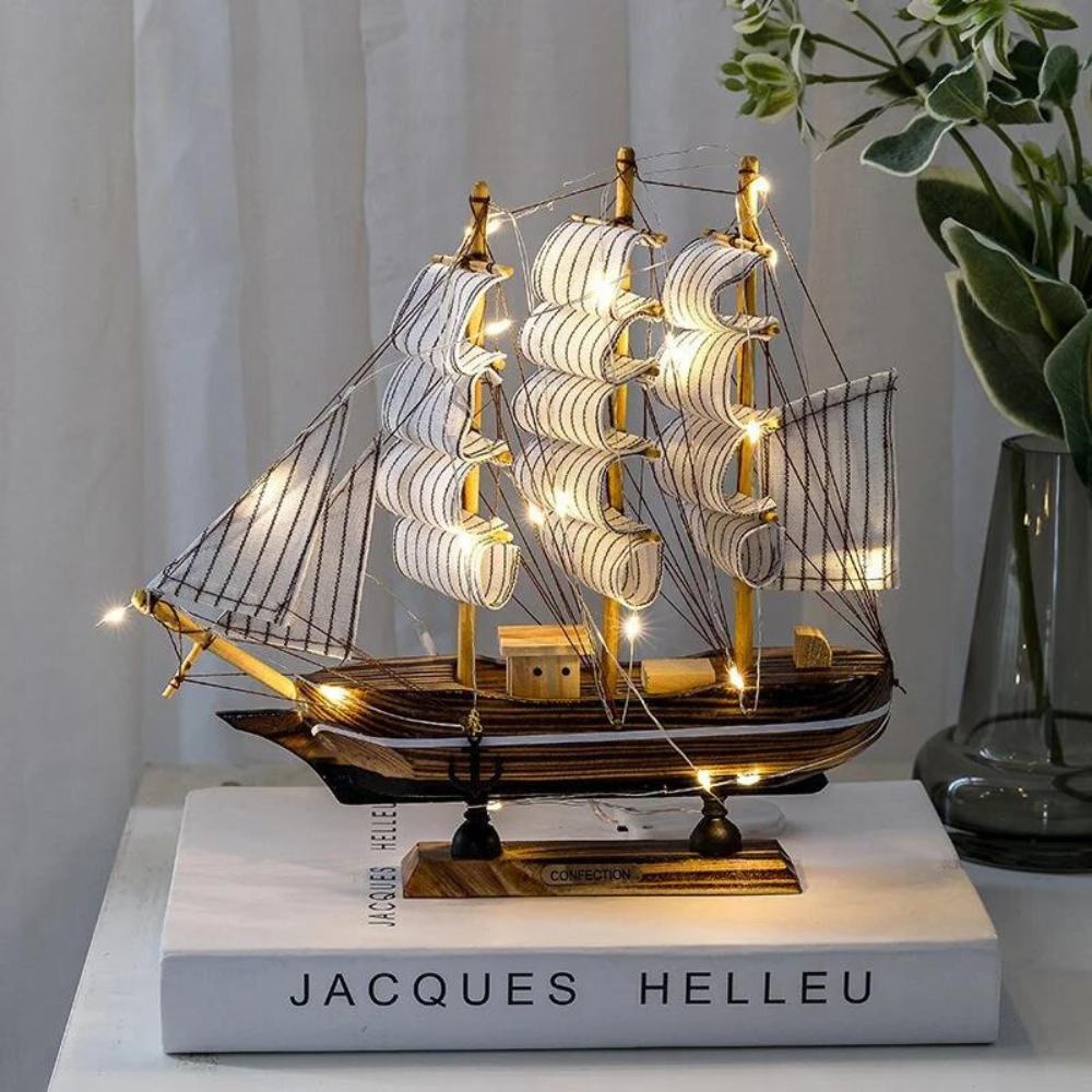 decoratieve lamp houten zeilschip met ledverlichting