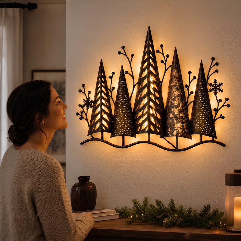 wanddecoratie van metaal met verlichte bomen voor een warme sfeer