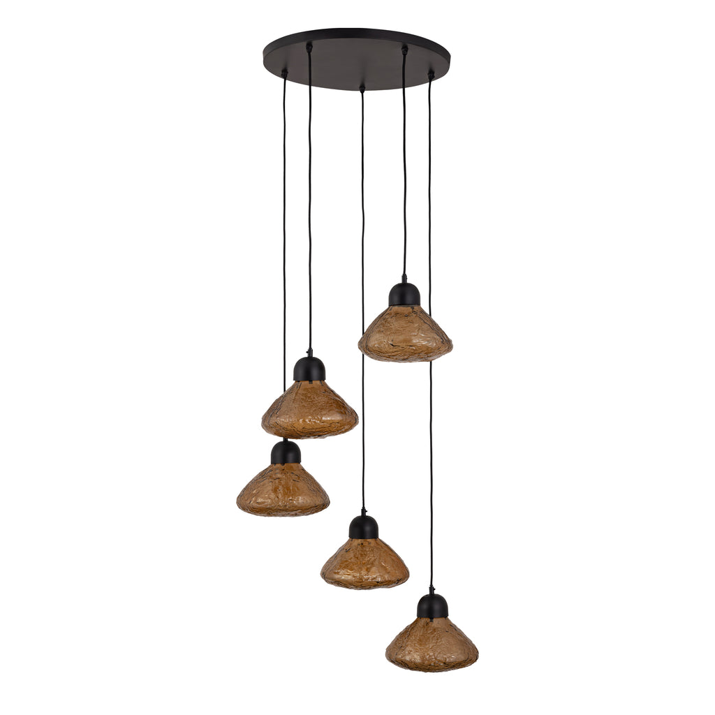 anna brown glazen hanglamp met textuur en 5 grote lampen.