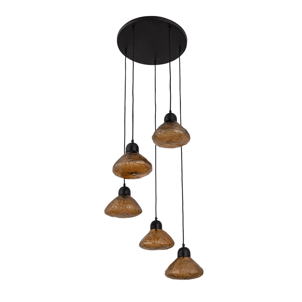 anna brown glazen hanglamp met textuur en 5 grote lampen.