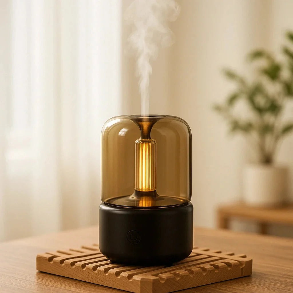 Aroma diffuser verspreidt een zachte nevel met warm vlamlichteffect